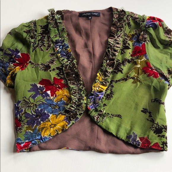 JALOUX | Green & Brown Silk Velvet Floral Short Sleeve Shrug | M - Picture 5 of 17